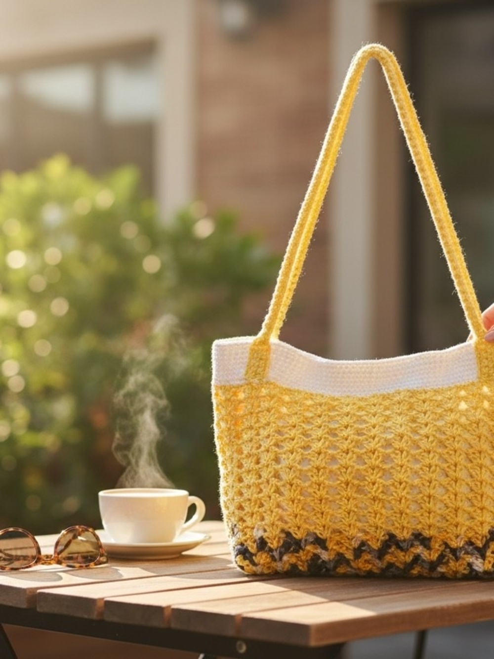 Yellow Crochet Tote Bag with White Trim